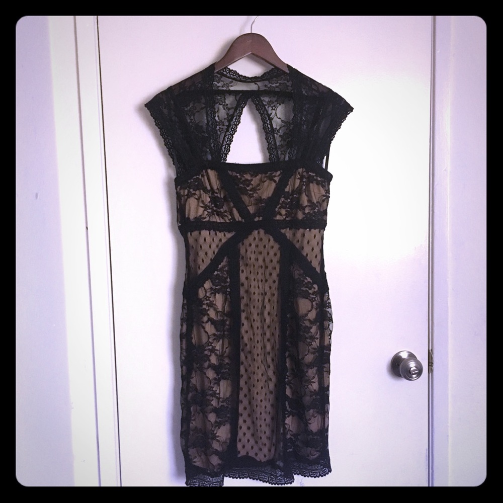 Black lace fitted dress with cap sleeves